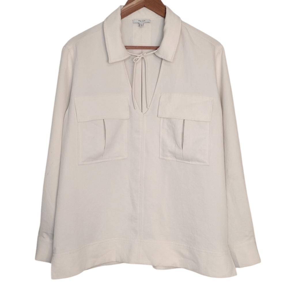 Reiss Women's Cream Minimalist Contemporary Twin Pocket Overhead Shirt Sz 6